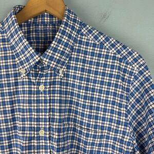 Brooks Brothers Men's‎ L Blue White Gingham Plaid S/S Nylon Blend Button Shirt